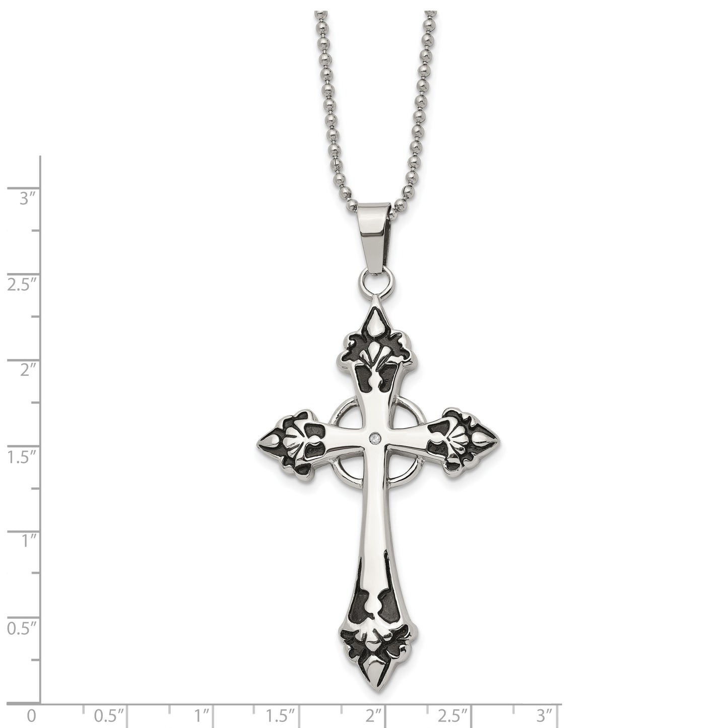 Stainless Steel Chisel Polished Enameled With .01 Carat Diamond Cross Pendant On A 24 Inch Ball Chain Necklace