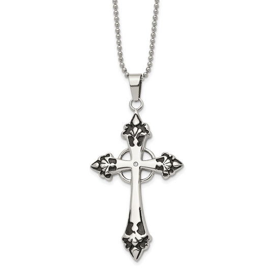 Stainless Steel Chisel Polished Enameled With .01 Carat Diamond Cross Pendant On A 24 Inch Ball Chain Necklace