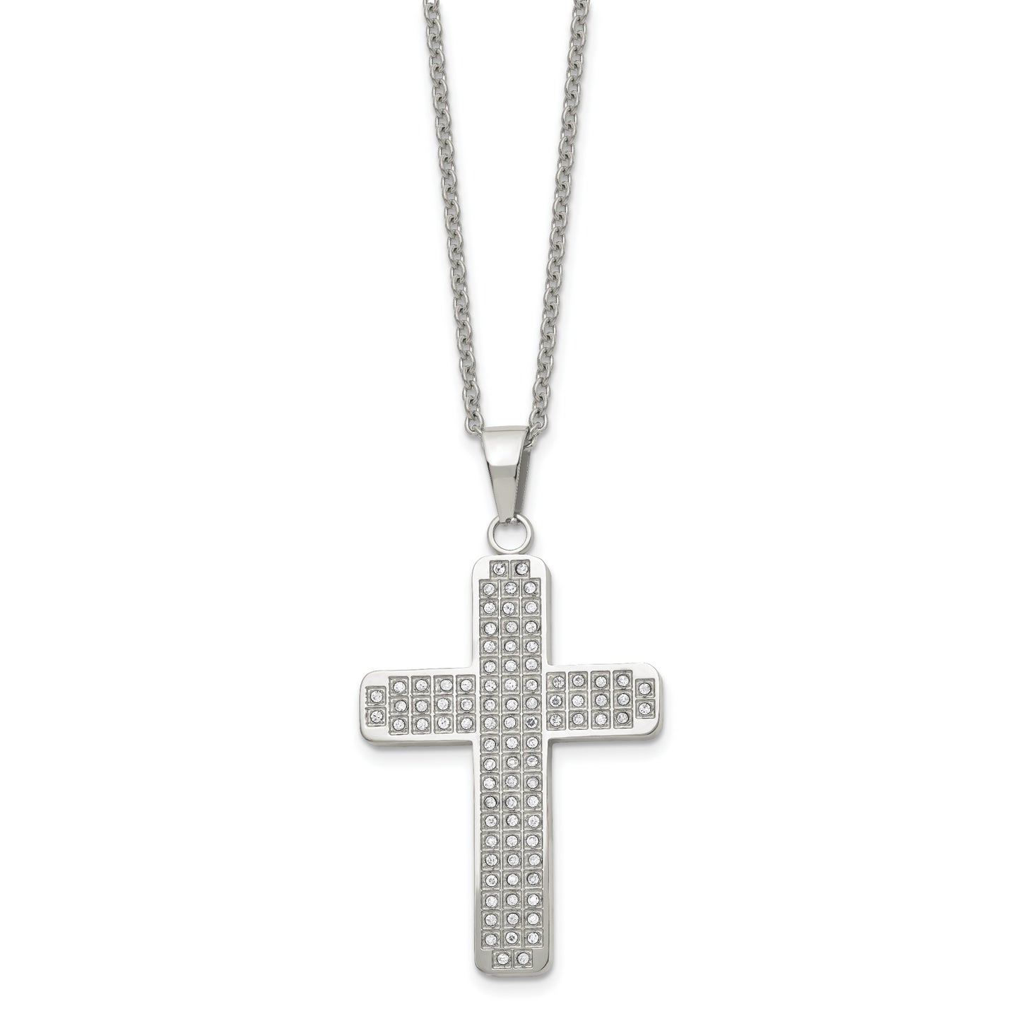 Stainless Steel Chisel Polished With Cz Cross Pendant On A 22 Inch Cable Chain Necklace