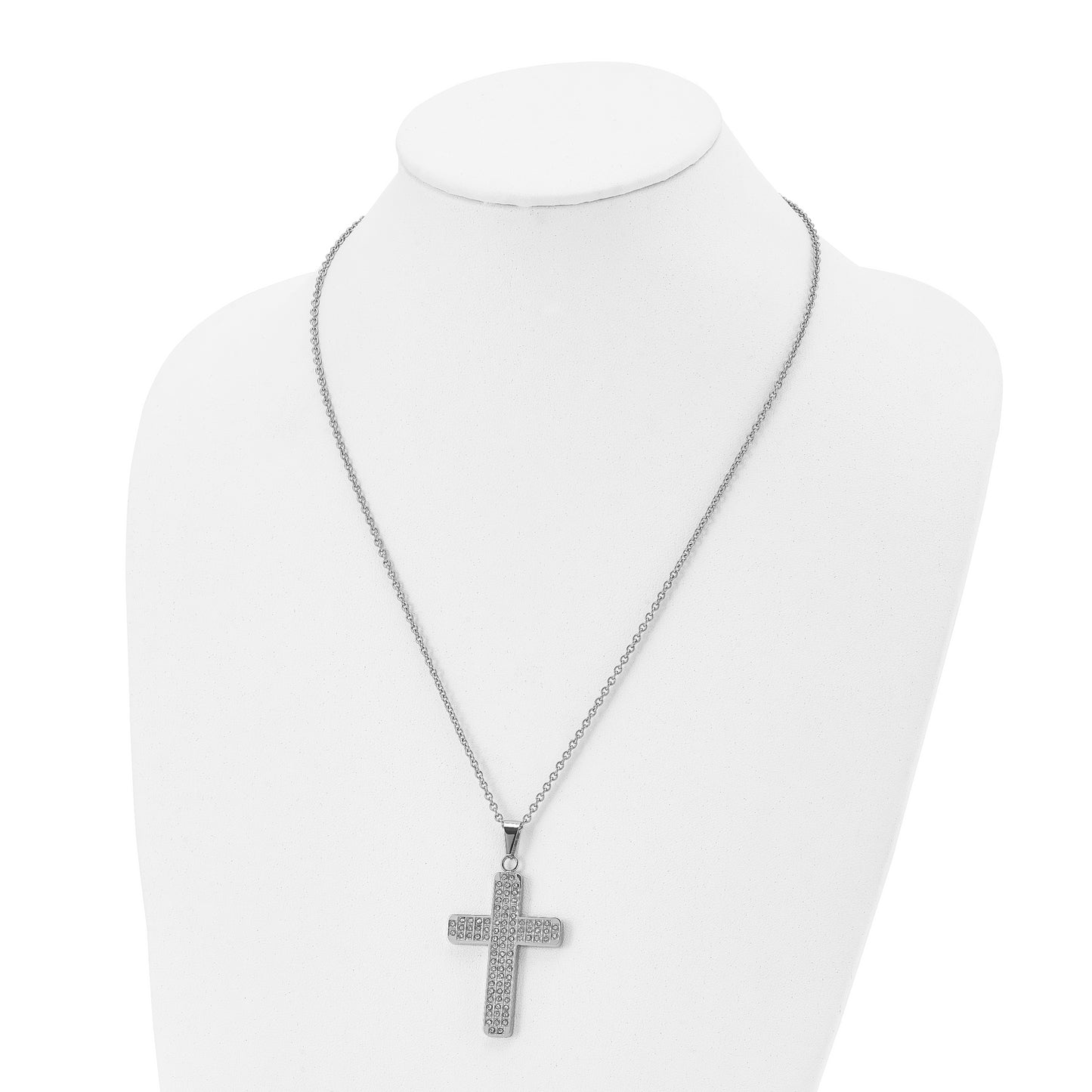 Stainless Steel Chisel Polished With Cz Cross Pendant On A 22 Inch Cable Chain Necklace