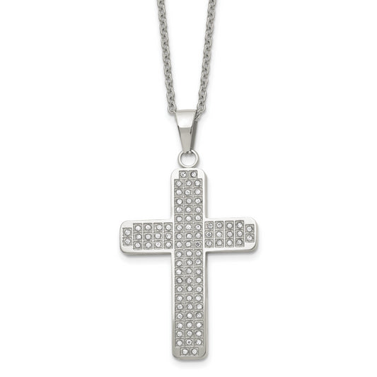 Stainless Steel Chisel Polished With Cz Cross Pendant On A 22 Inch Cable Chain Necklace