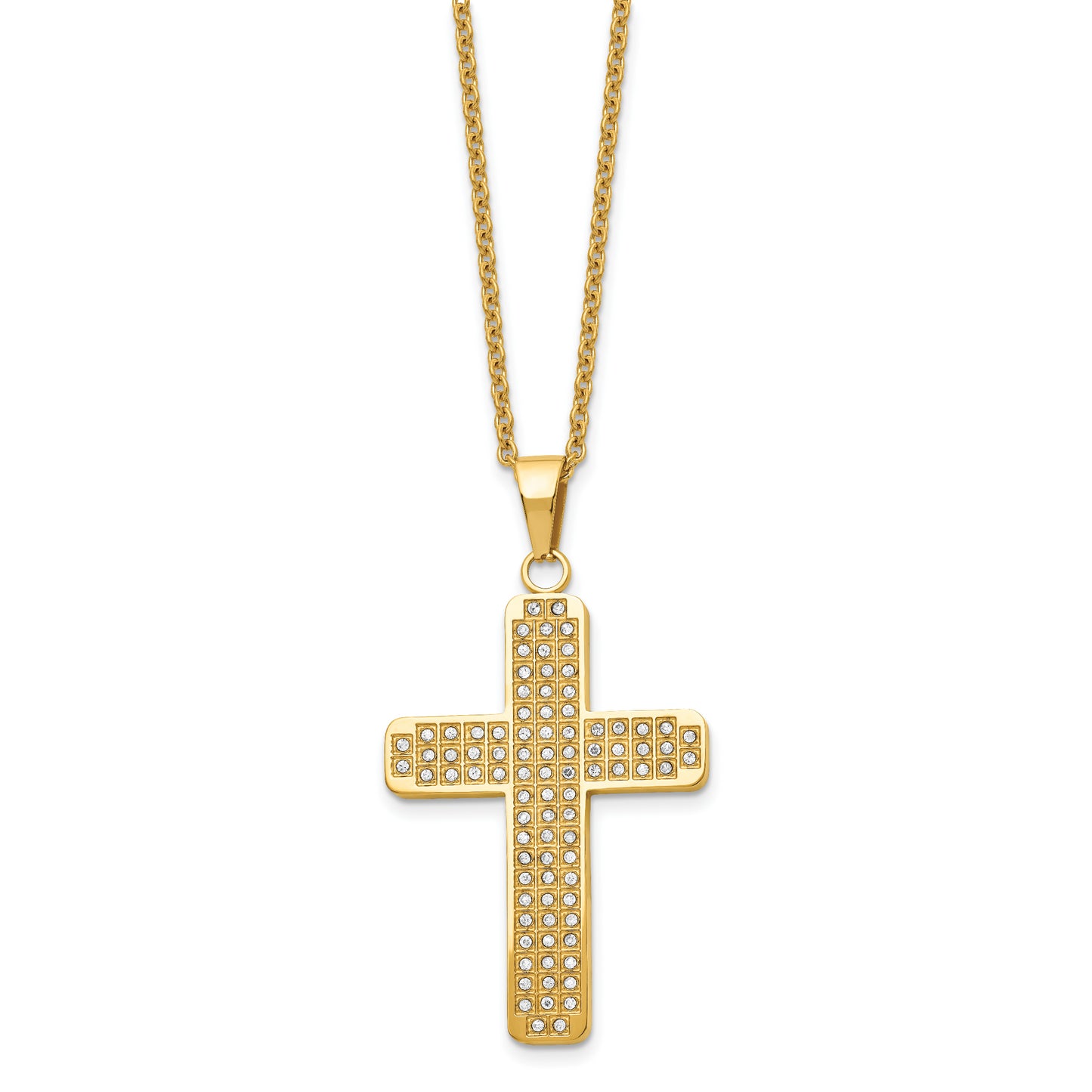 Stainless Steel Chisel Polished Yellow Ip-Plated With Cz Cross Pendant On A 22 Inch Cable Chain Necklace