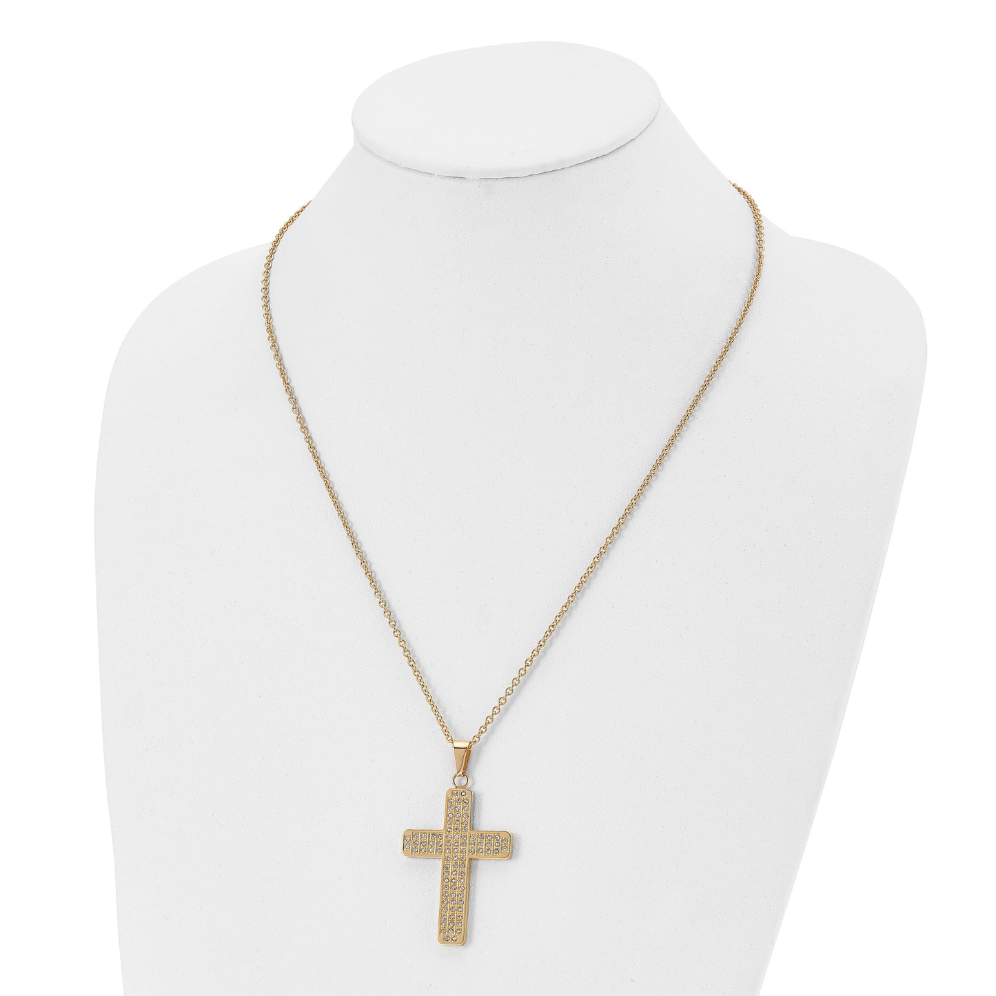 Stainless Steel Chisel Polished Yellow Ip-Plated With Cz Cross Pendant On A 22 Inch Cable Chain Necklace