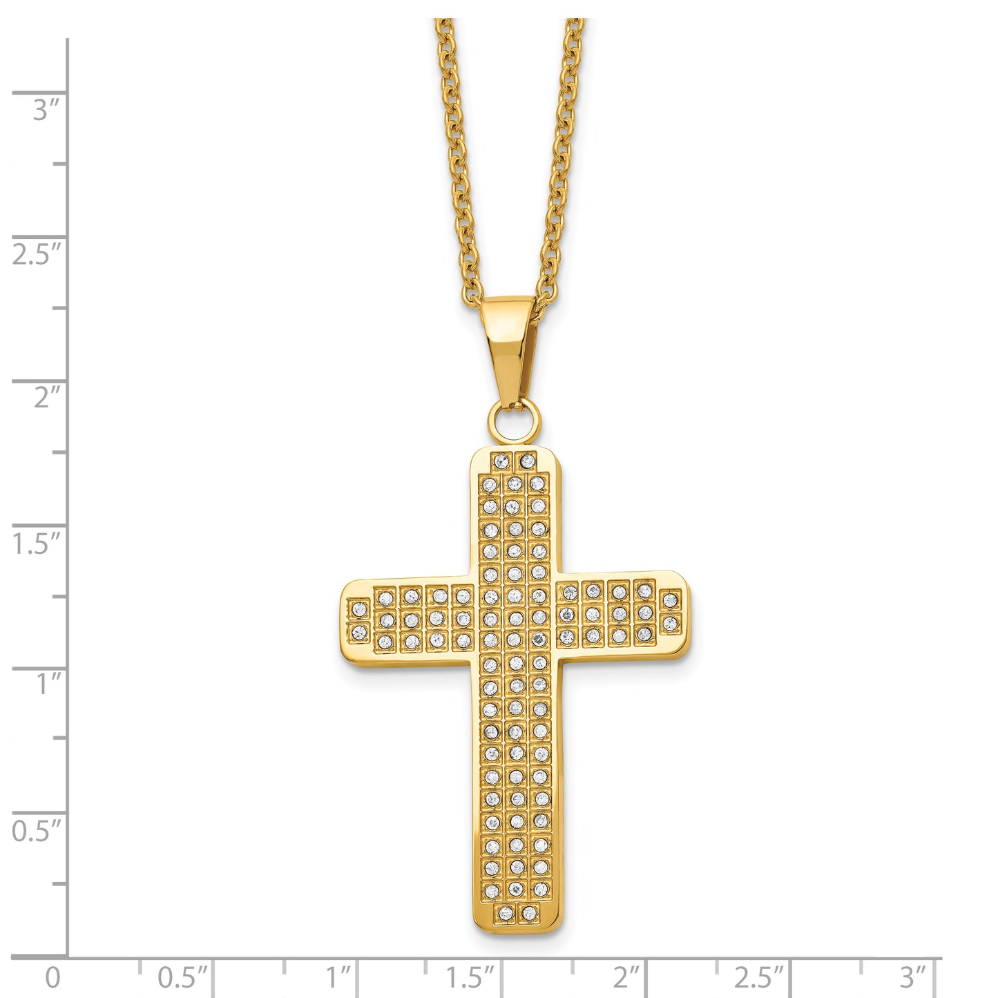 Stainless Steel Chisel Polished Yellow Ip-Plated With Cz Cross Pendant On A 22 Inch Cable Chain Necklace