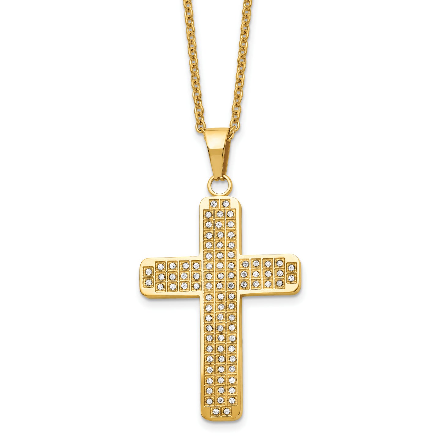 Stainless Steel Chisel Polished Yellow Ip-Plated With Cz Cross Pendant On A 22 Inch Cable Chain Necklace