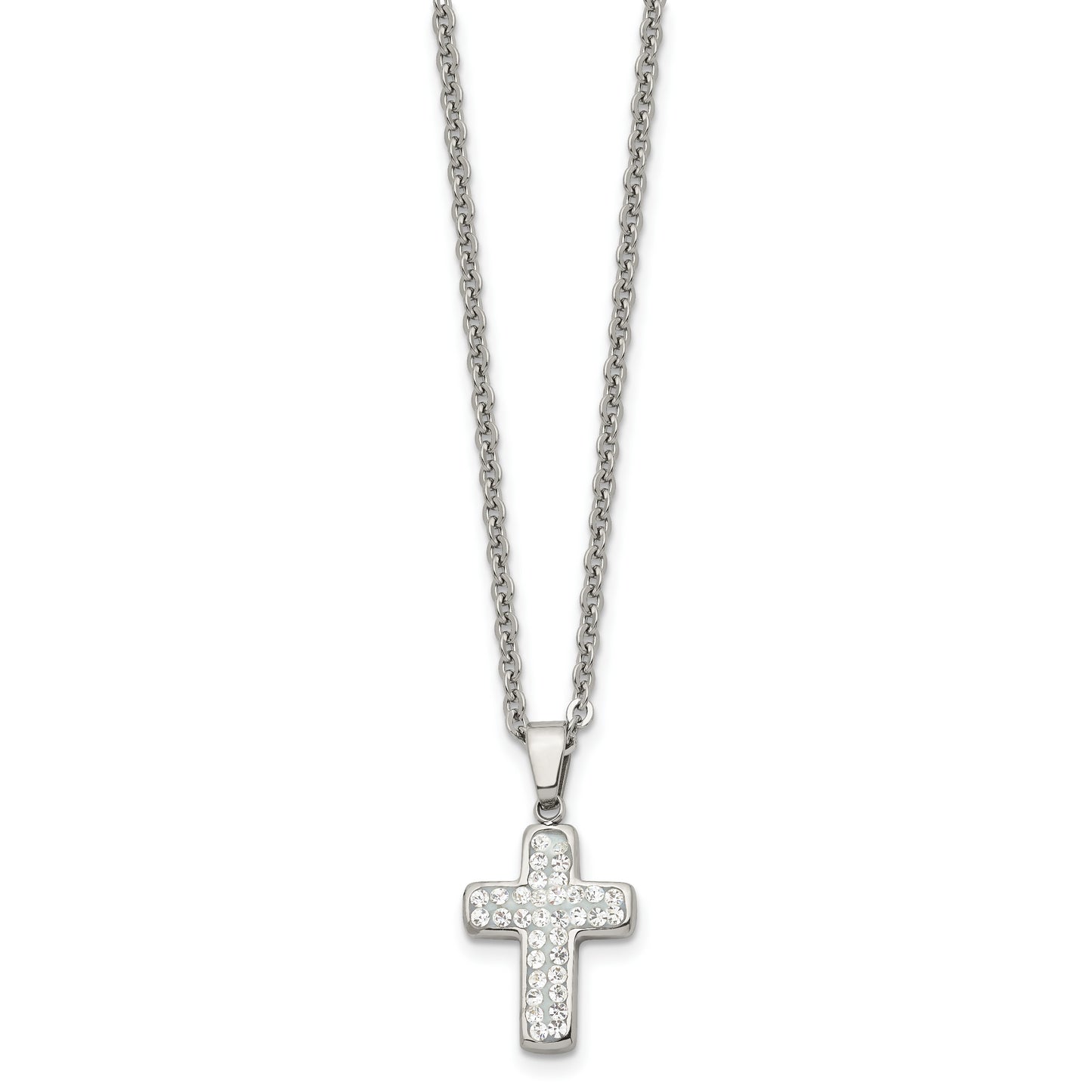 Stainless Steel Chisel Polished Crystal Cross Pendant On A 22 Inch Cable Chain Necklace