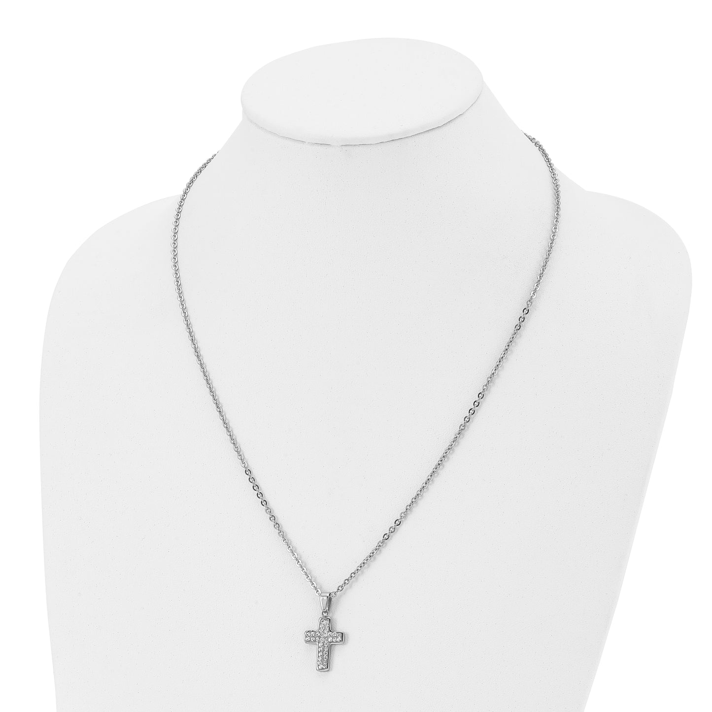 Stainless Steel Chisel Polished Crystal Cross Pendant On A 22 Inch Cable Chain Necklace