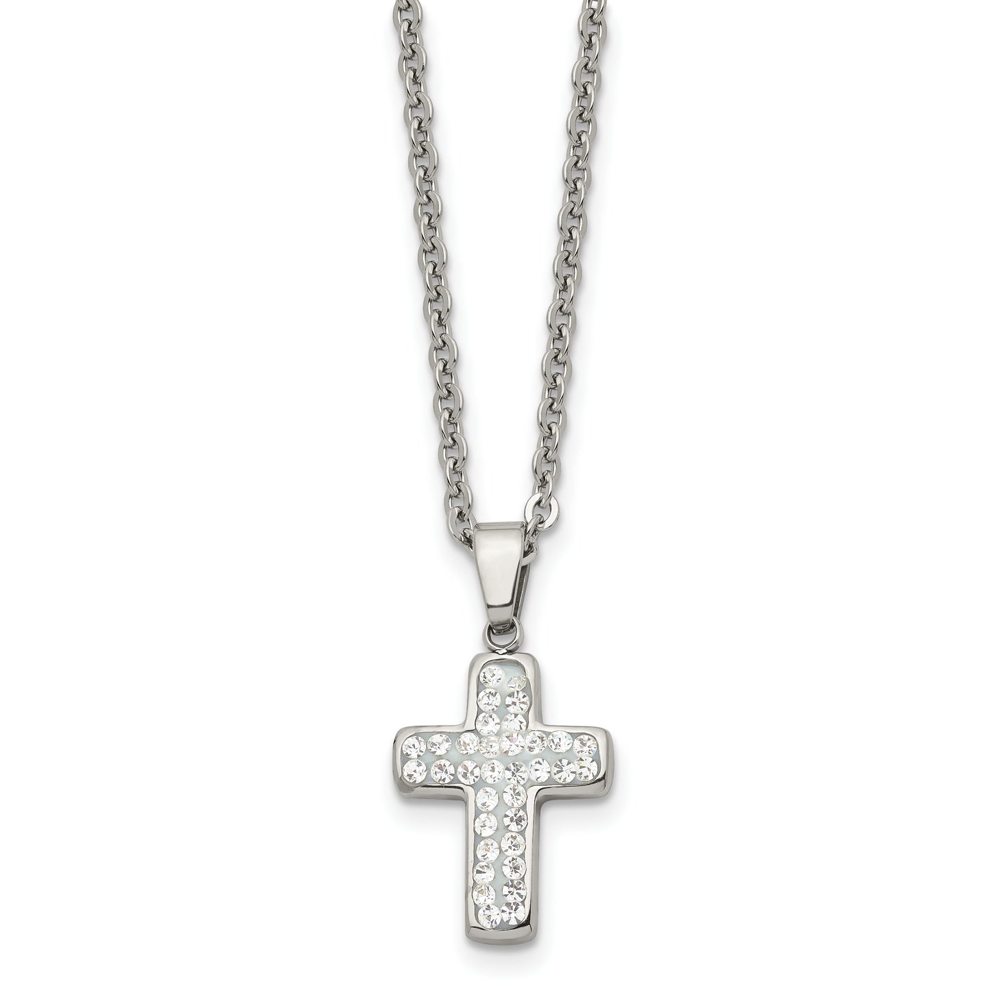 Stainless Steel Chisel Polished Crystal Cross Pendant On A 22 Inch Cable Chain Necklace