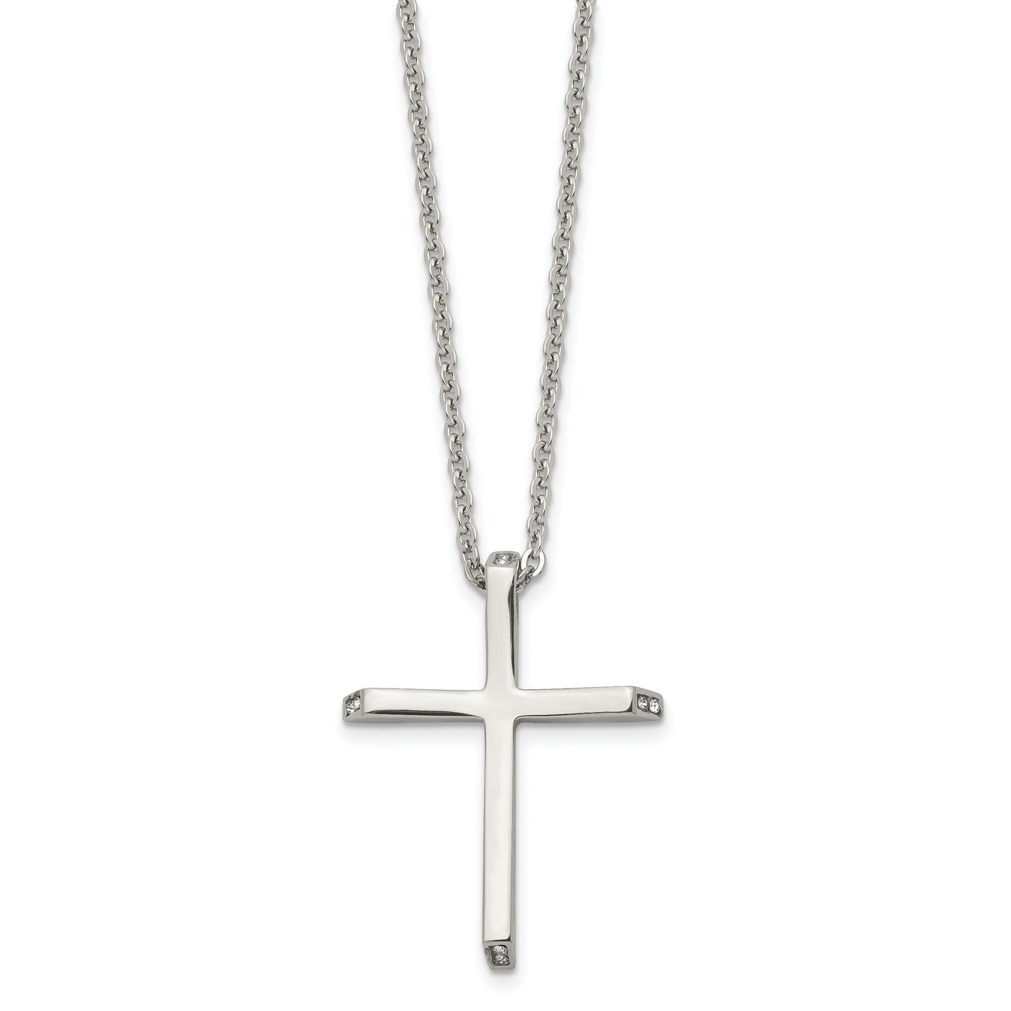 Stainless Steel Chisel Polished With Cz Ends Cross Pendant On A 22 Inch Cable Chain Necklace