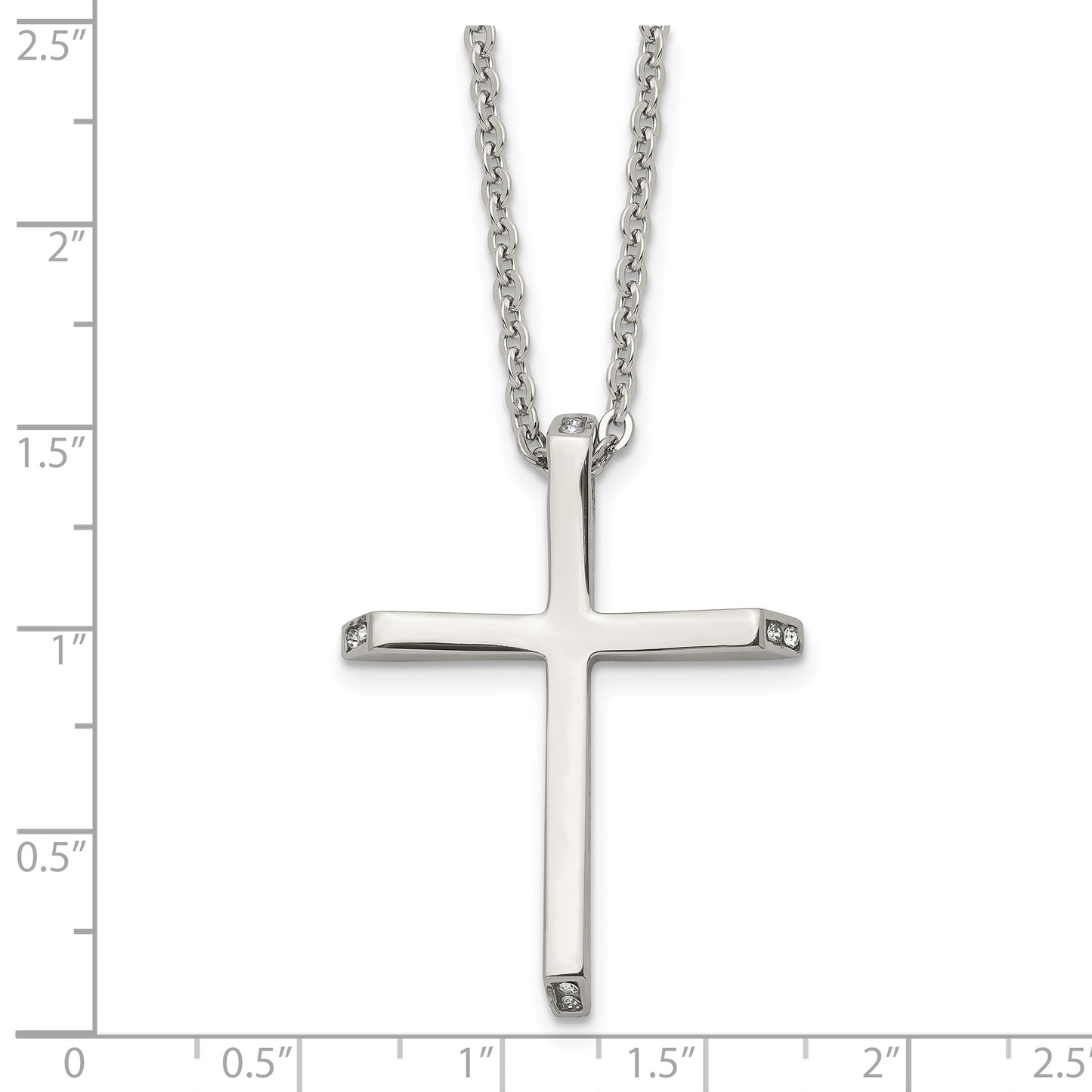 Stainless Steel Chisel Polished With Cz Ends Cross Pendant On A 22 Inch Cable Chain Necklace