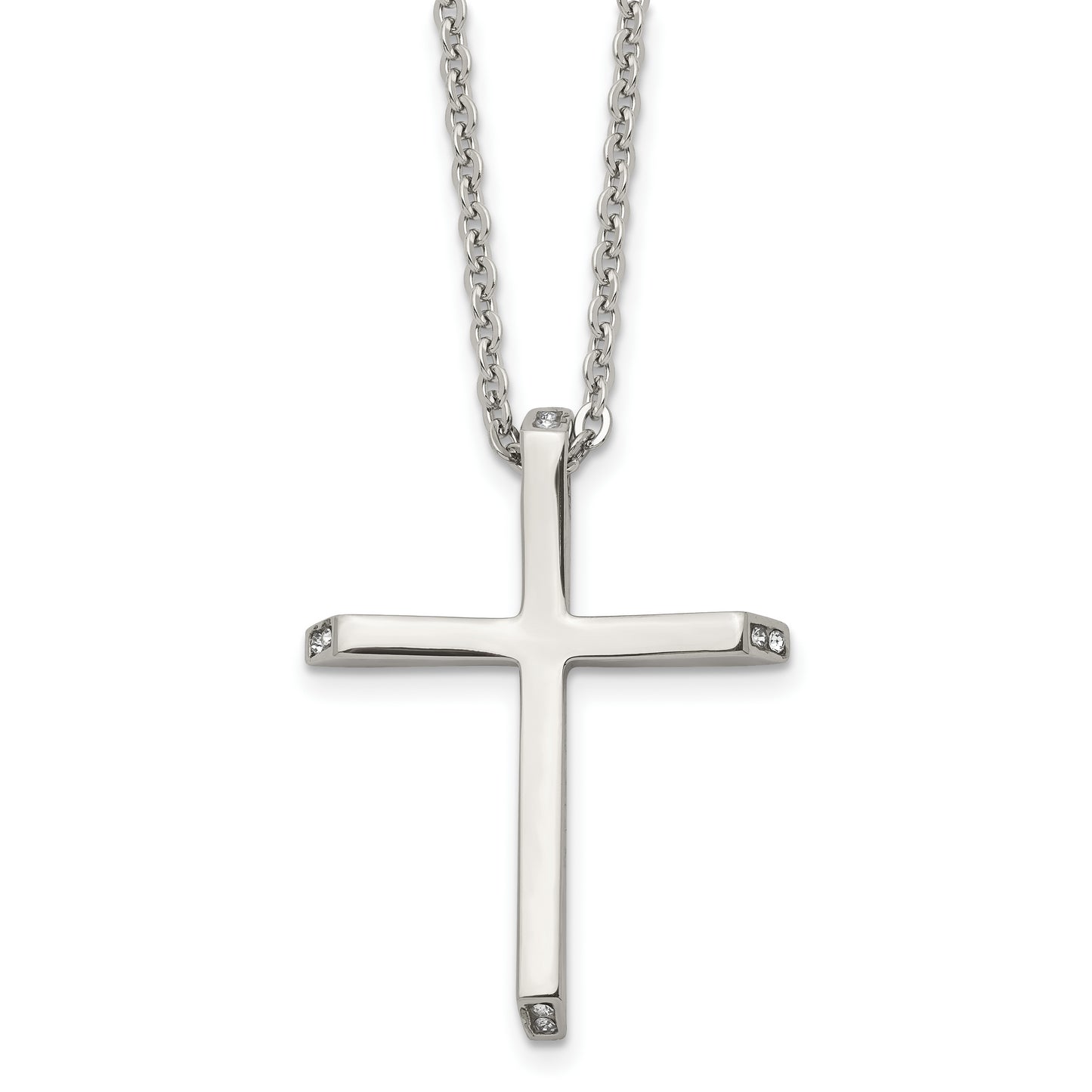 Stainless Steel Chisel Polished With Cz Ends Cross Pendant On A 22 Inch Cable Chain Necklace