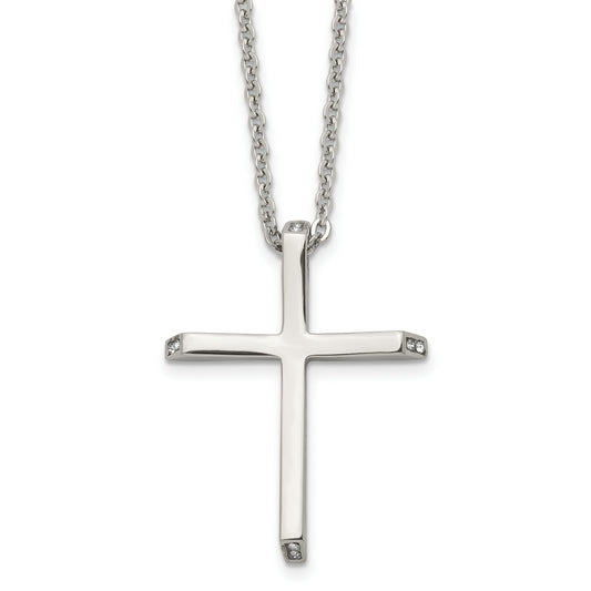 Stainless Steel Chisel Polished With Cz Ends Cross Pendant On A 22 Inch Cable Chain Necklace