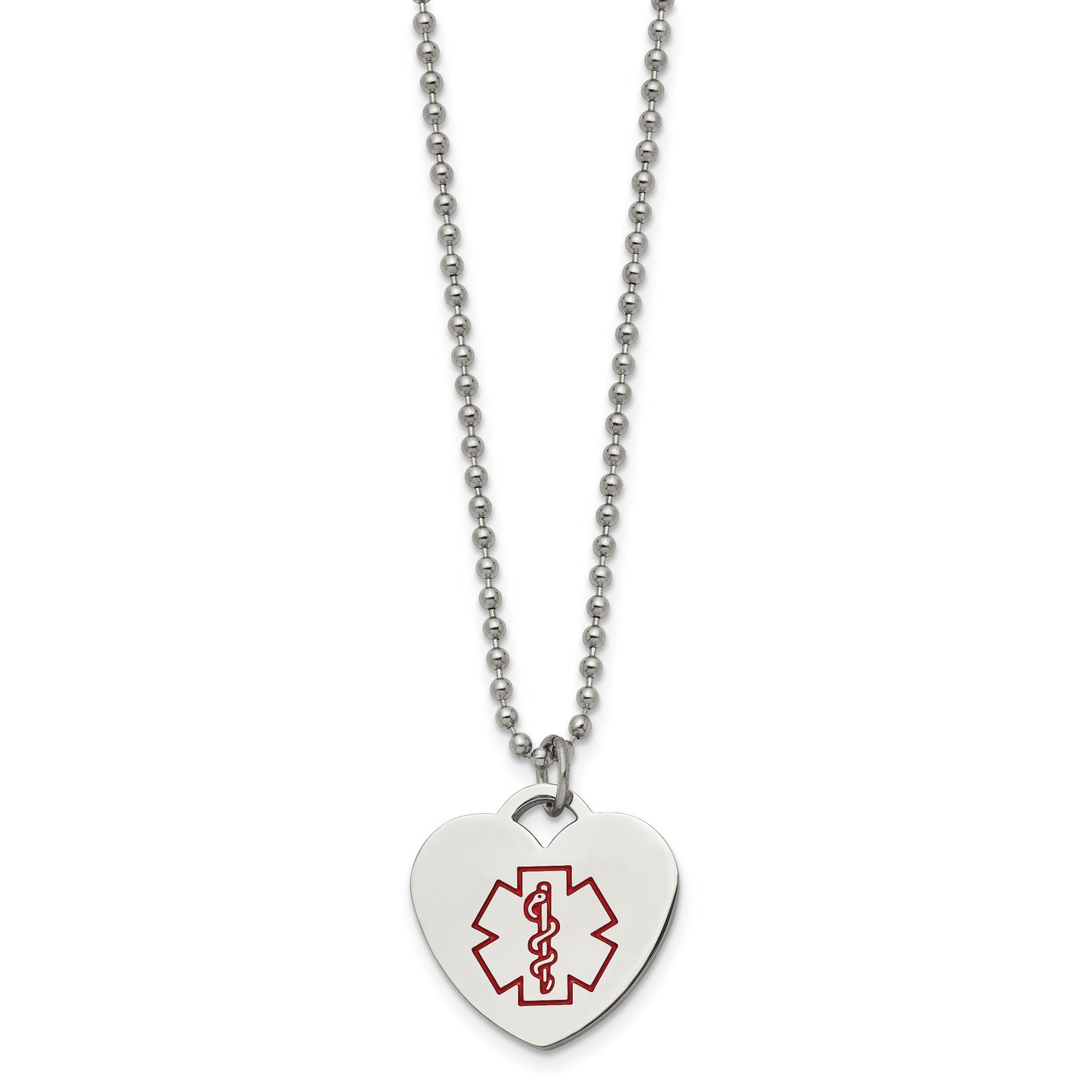 Stainless Steel Chisel Polished With Red Enamel Heart Medical Id Pendant On A 22 Inch Ball Chain Necklace