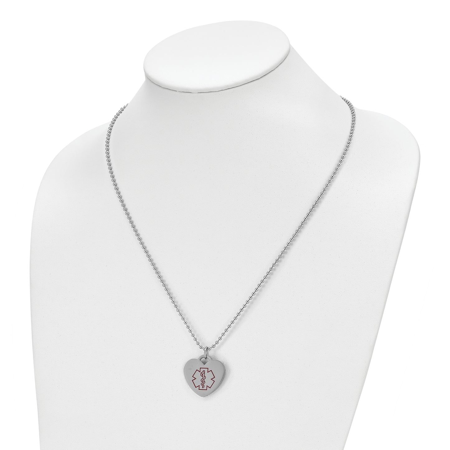 Stainless Steel Chisel Polished With Red Enamel Heart Medical Id Pendant On A 22 Inch Ball Chain Necklace