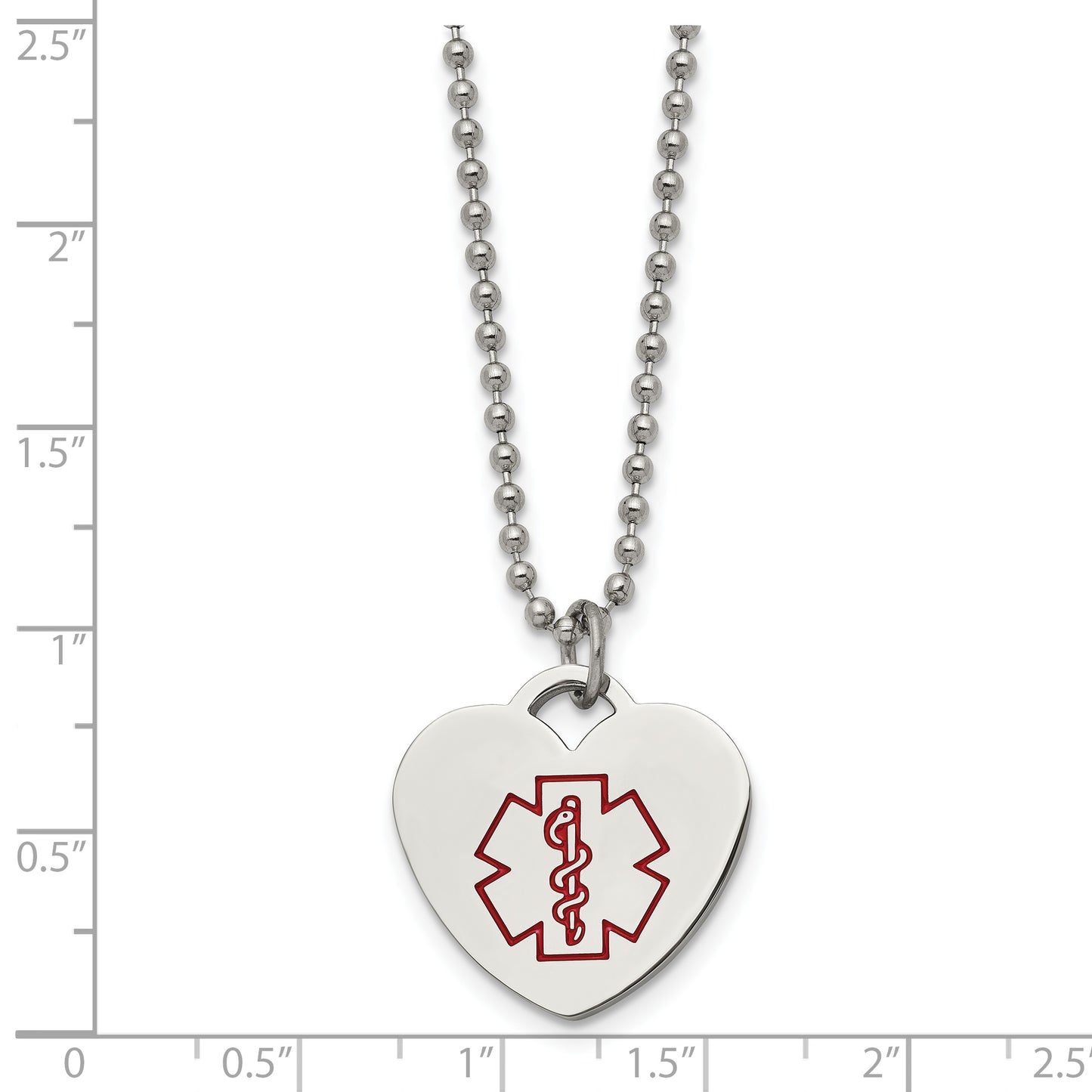 Stainless Steel Chisel Polished With Red Enamel Heart Medical Id Pendant On A 22 Inch Ball Chain Necklace