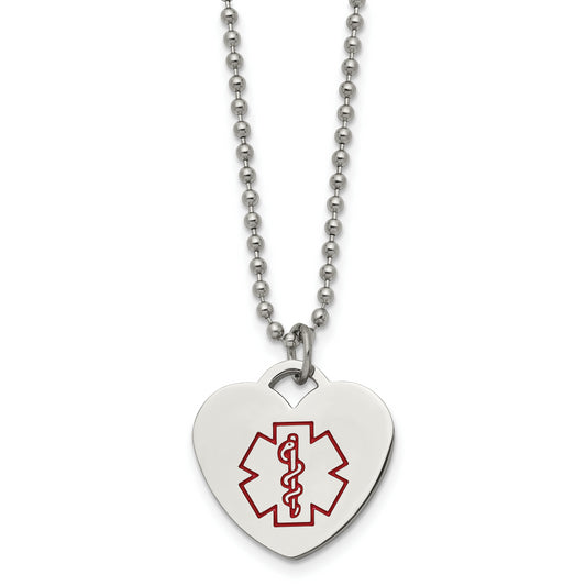 Stainless Steel Chisel Polished With Red Enamel Heart Medical Id Pendant On A 22 Inch Ball Chain Necklace