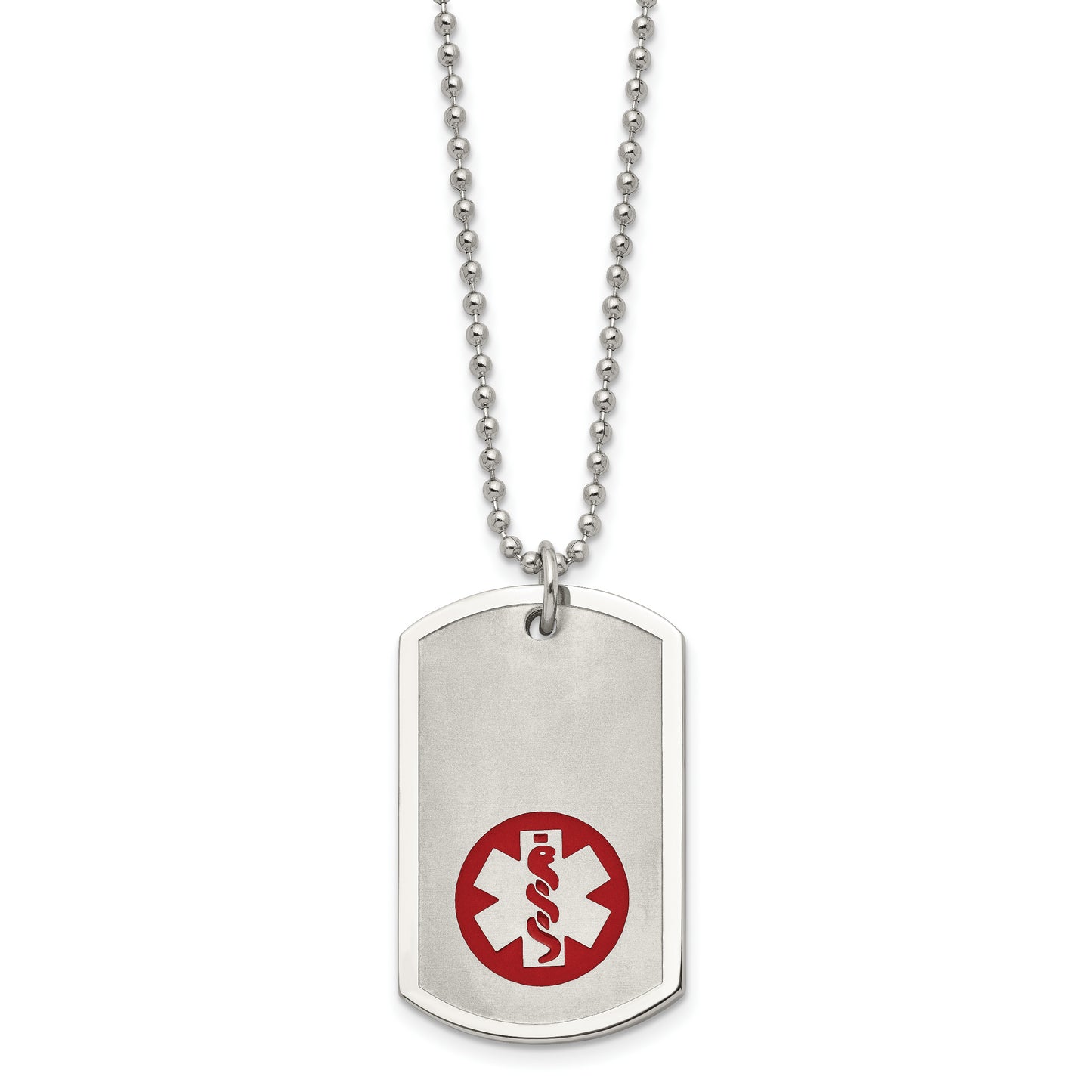 Stainless Steel Chisel Brushed And Polished With Red Enamel Medical Id Dog Tag On A 22 Inch Ball Chain Necklace