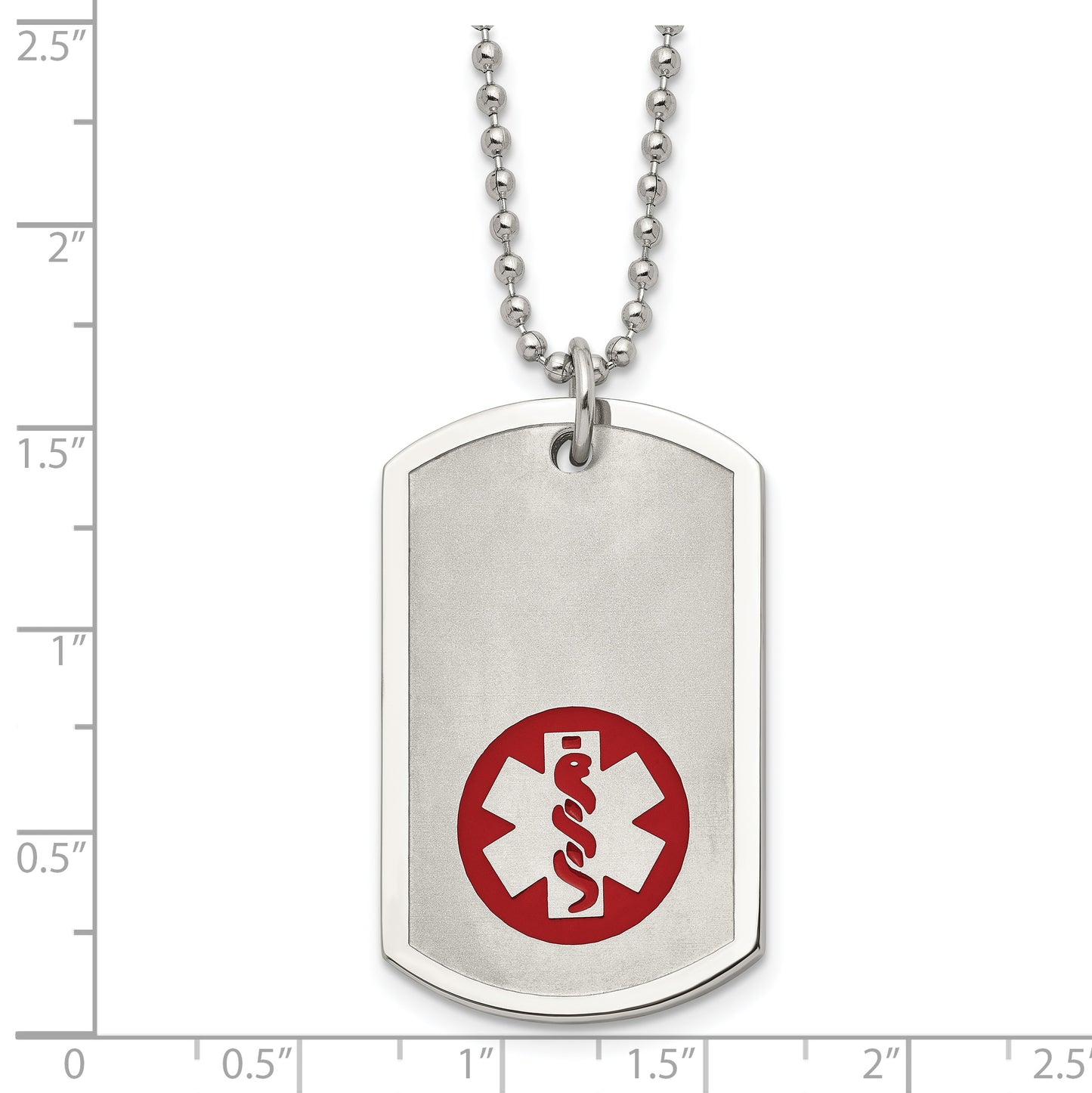 Stainless Steel Chisel Brushed And Polished With Red Enamel Medical Id Dog Tag On A 22 Inch Ball Chain Necklace