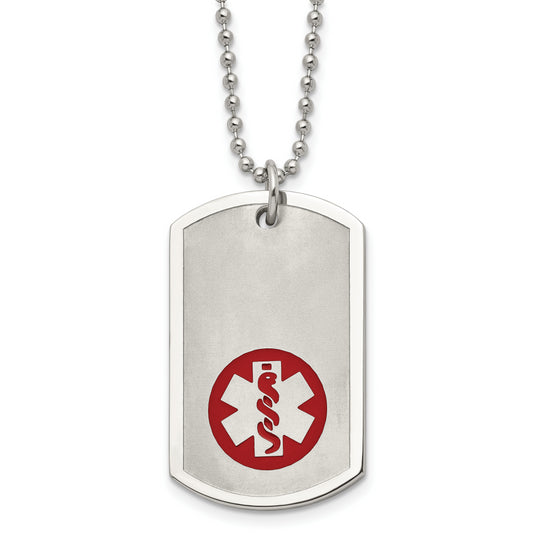 Stainless Steel Chisel Brushed And Polished With Red Enamel Medical Id Dog Tag On A 22 Inch Ball Chain Necklace