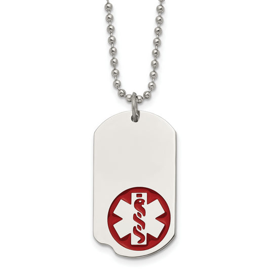 Stainless Steel Chisel Polished With Red Enamel Medical Id Dog Tag On A 22 Inch Ball Chain Necklace