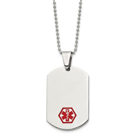 Stainless Steel Chisel Polished With Red Enamel Medical Id Dog Tag On A 24 Inch Ball Chain Necklace