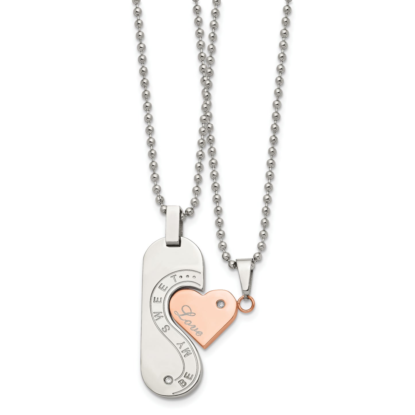 Stainless Steel Chisel Polished Rose Ip-Plated With Cz Heart Pendants On 22 Inch Ball Chain Necklace Set