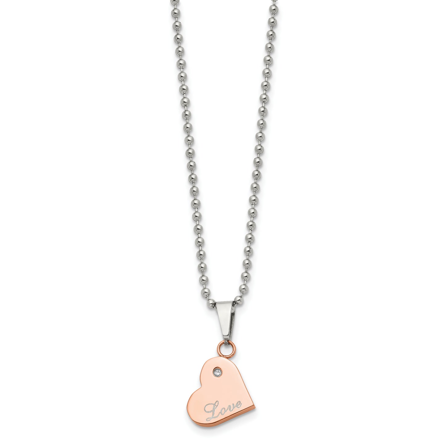 Stainless Steel Chisel Polished Rose Ip-Plated With Cz Heart Pendants On 22 Inch Ball Chain Necklace Set