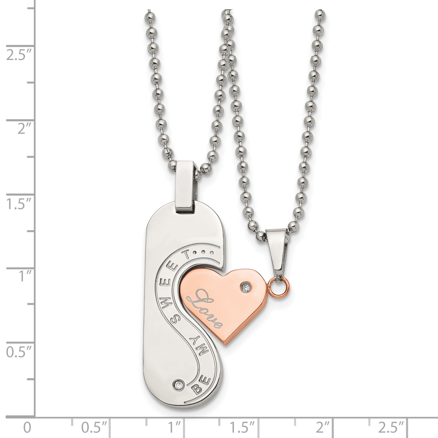 Stainless Steel Chisel Polished Rose Ip-Plated With Cz Heart Pendants On 22 Inch Ball Chain Necklace Set