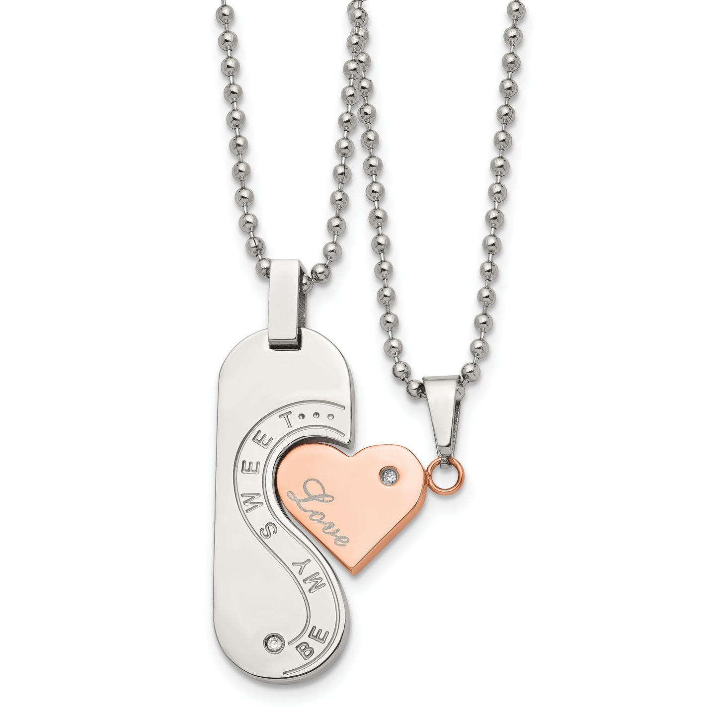 Stainless Steel Chisel Polished Rose Ip-Plated With Cz Heart Pendants On 22 Inch Ball Chain Necklace Set