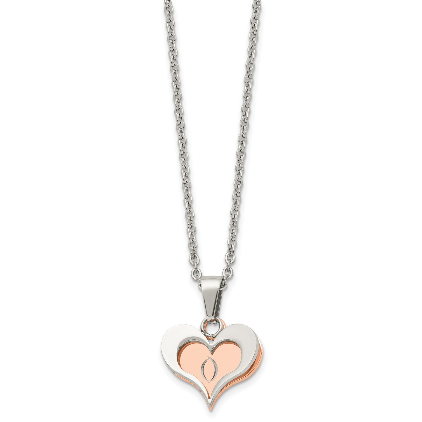 Stainless Steel Chisel Polished Rose Ip-Plated 2 Piece Heart Pendant On A 22 Inch Cable Chain Necklace