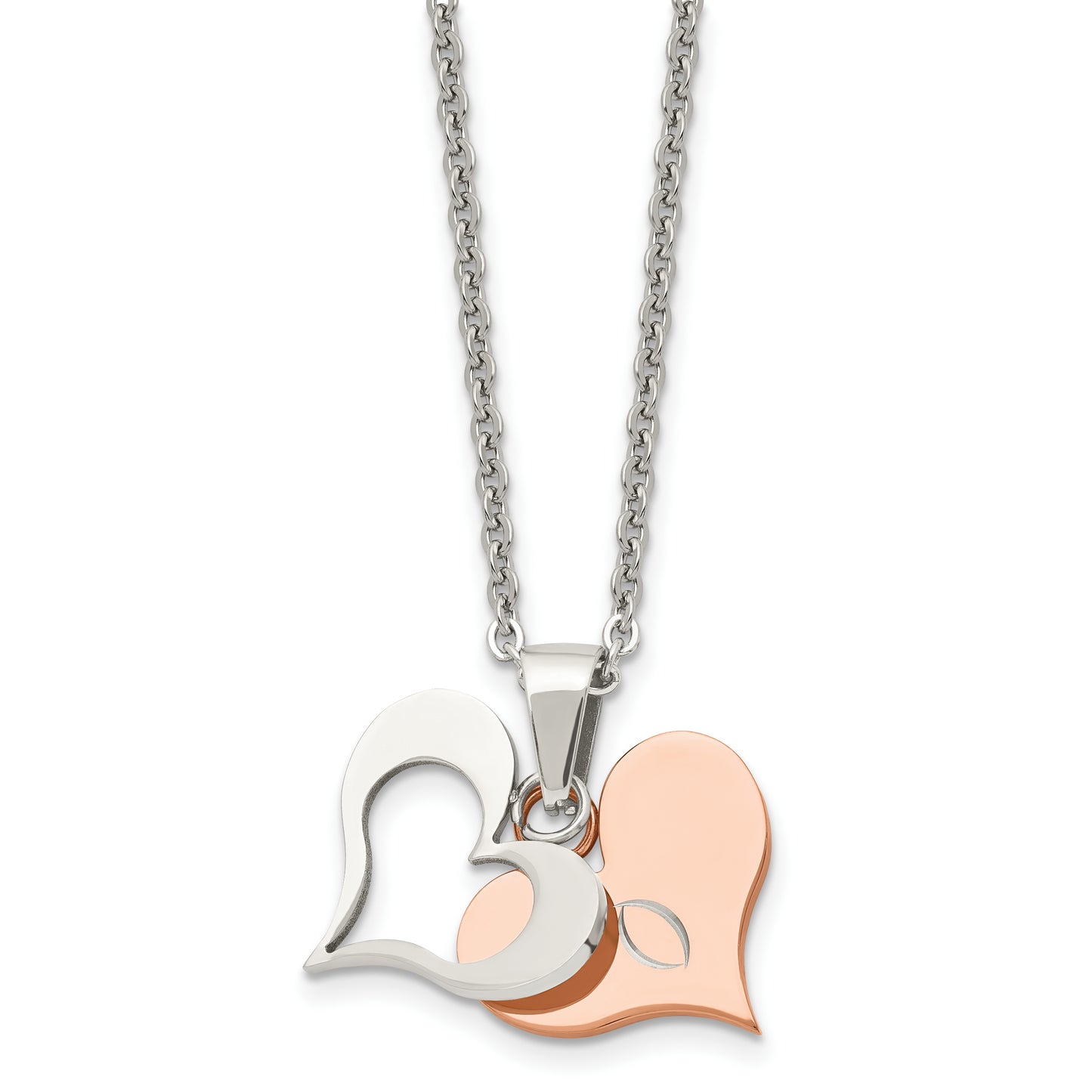 Stainless Steel Chisel Polished Rose Ip-Plated 2 Piece Heart Pendant On A 22 Inch Cable Chain Necklace