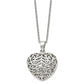 Stainless Steel Chisel Polished Filigree Puffed Heart Pendant On A 22 Inch Cable Chain Necklace