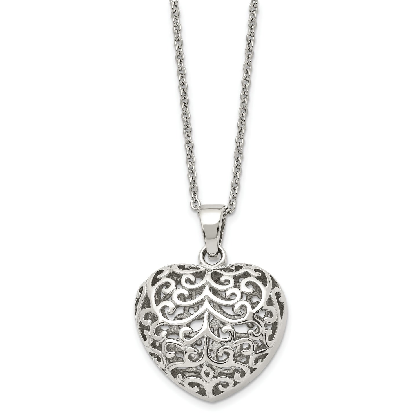 Stainless Steel Chisel Polished Filigree Puffed Heart Pendant On A 22 Inch Cable Chain Necklace