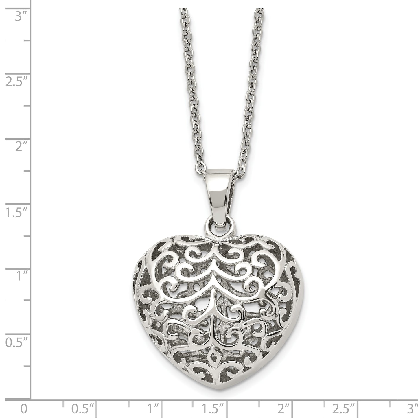 Stainless Steel Chisel Polished Filigree Puffed Heart Pendant On A 22 Inch Cable Chain Necklace