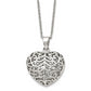 Stainless Steel Chisel Polished Filigree Puffed Heart Pendant On A 22 Inch Cable Chain Necklace