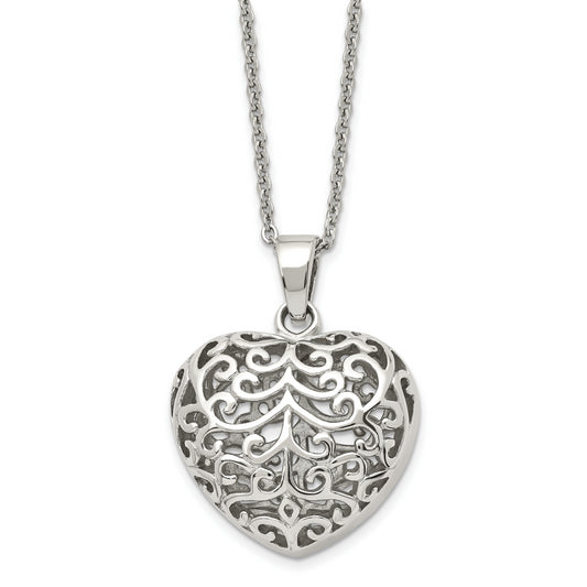 Stainless Steel Chisel Polished Filigree Puffed Heart Pendant On A 22 Inch Cable Chain Necklace