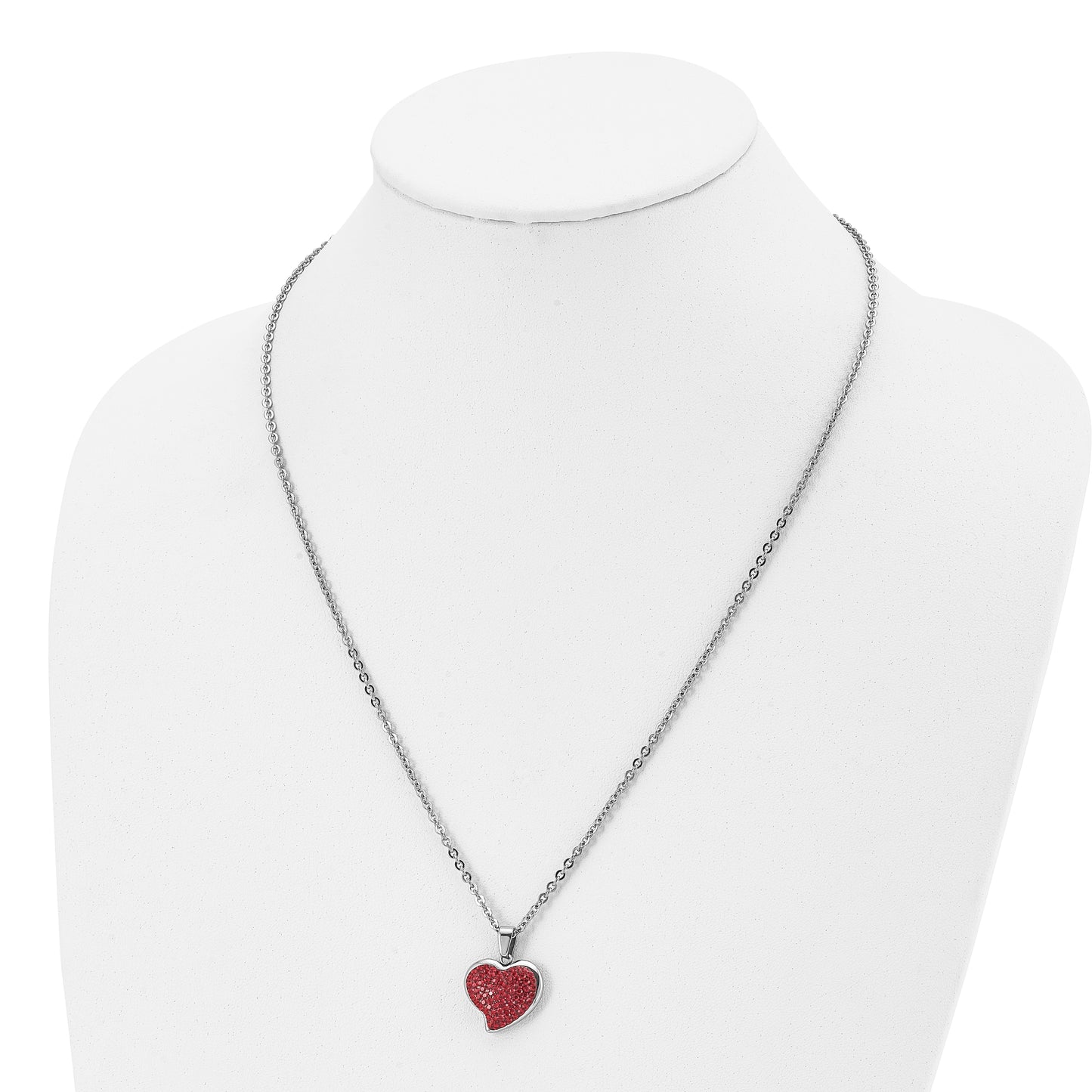 Stainless Steel Chisel Polished With Red Crystal Heart Pendant On A 22 Inch Cable Chain Necklace