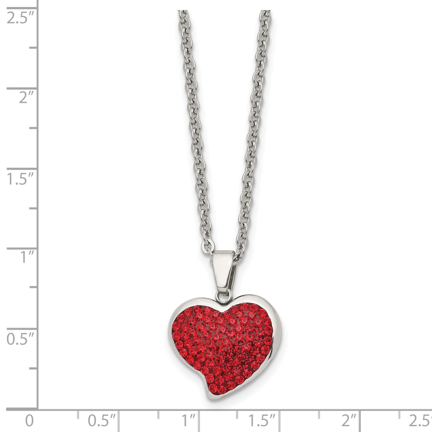 Stainless Steel Chisel Polished With Red Crystal Heart Pendant On A 22 Inch Cable Chain Necklace