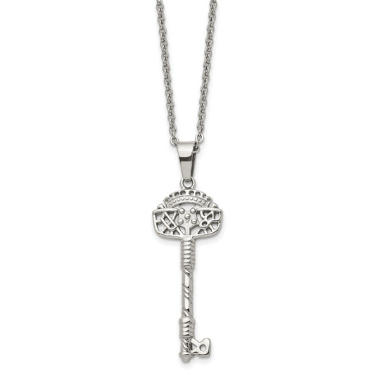 Stainless Steel Chisel Polished And Textured Key Pendant On A 22 Inch Cable Chain Necklace