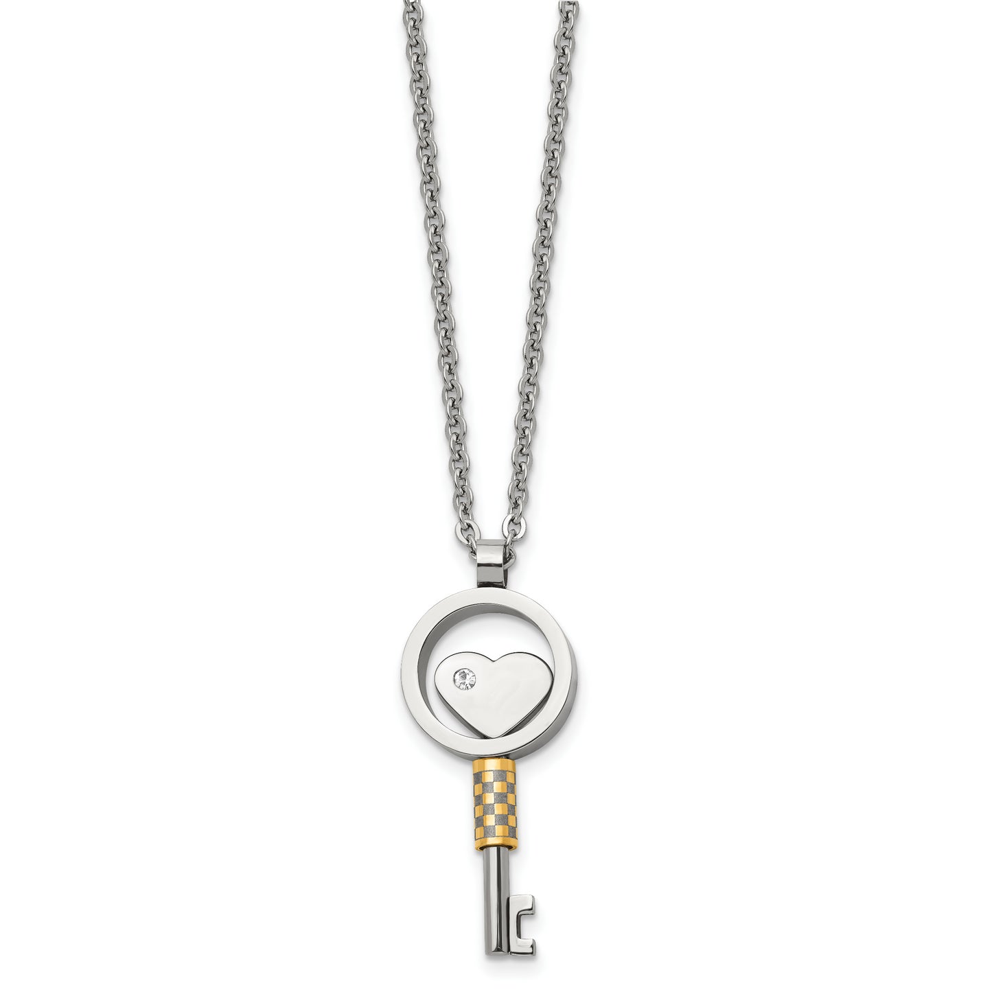 Stainless Steel Chisel Polished Yellow Ip-Plated With Cz Heart Key Pendant On A 22 Inch Cable Chain Necklace