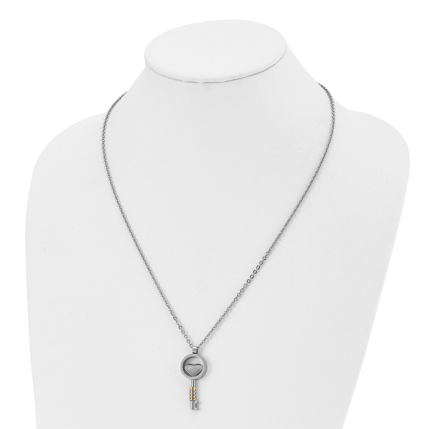 Stainless Steel Chisel Polished Yellow Ip-Plated With Cz Heart Key Pendant On A 22 Inch Cable Chain Necklace