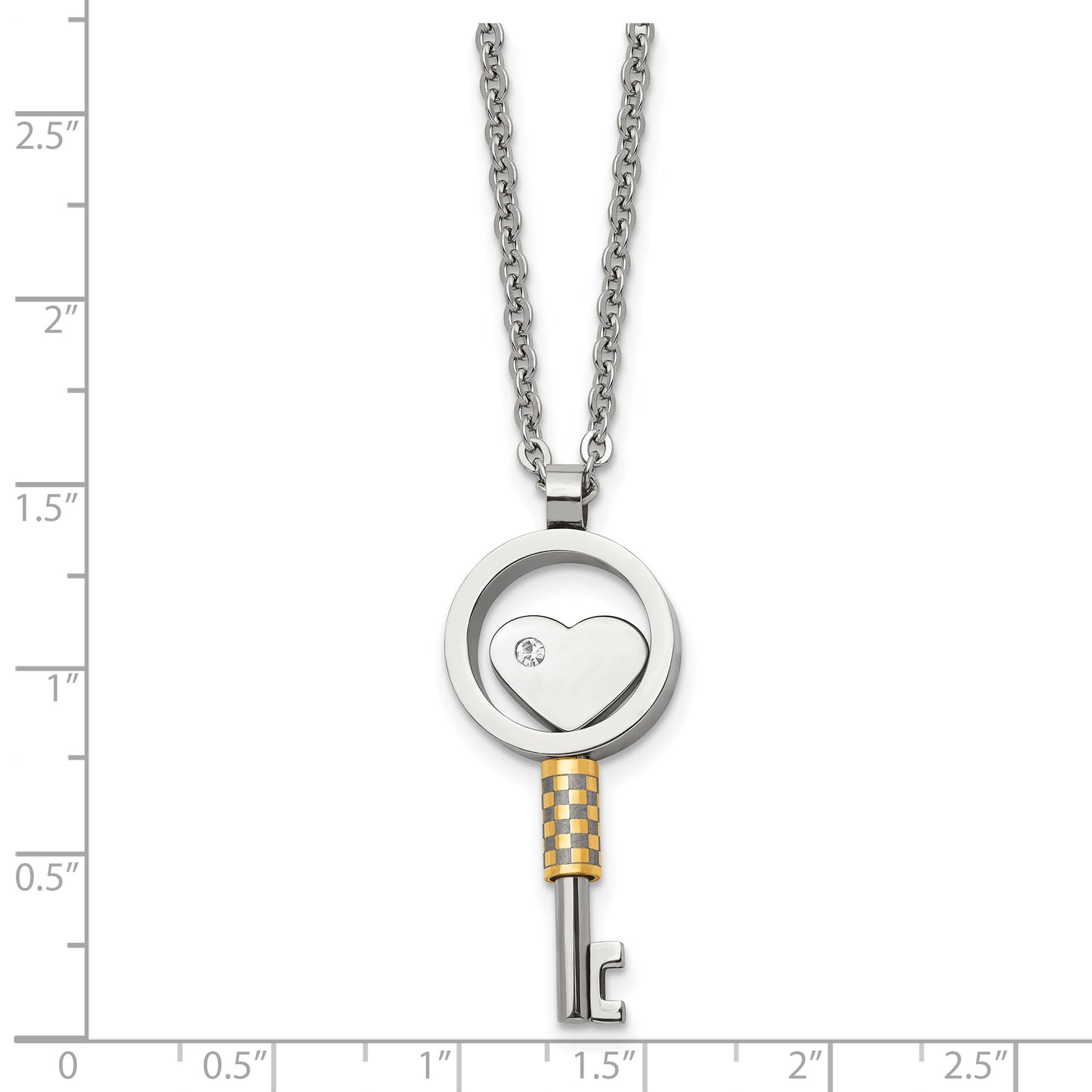 Stainless Steel Chisel Polished Yellow Ip-Plated With Cz Heart Key Pendant On A 22 Inch Cable Chain Necklace