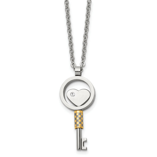 Stainless Steel Chisel Polished Yellow Ip-Plated With Cz Heart Key Pendant On A 22 Inch Cable Chain Necklace