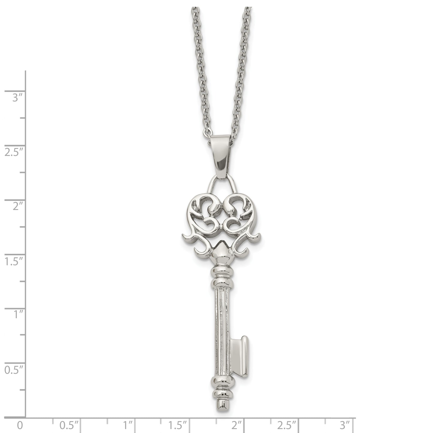 Stainless Steel Chisel Polished Heart Key Pendant On A 22 Inch Cable Chain Necklace