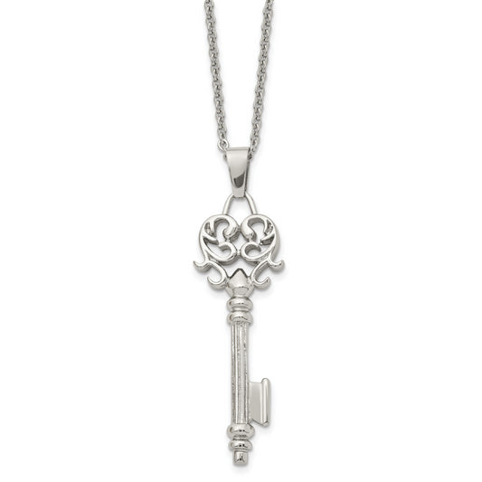 Stainless Steel Chisel Polished Heart Key Pendant On A 22 Inch Cable Chain Necklace