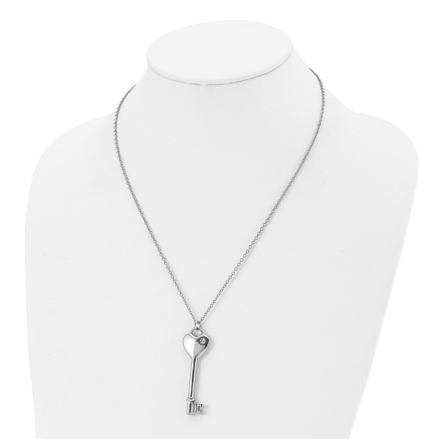 Stainless Steel Chisel Polished With Cz Heart Key Pendant On A 20 Inch Cable Chain Necklace