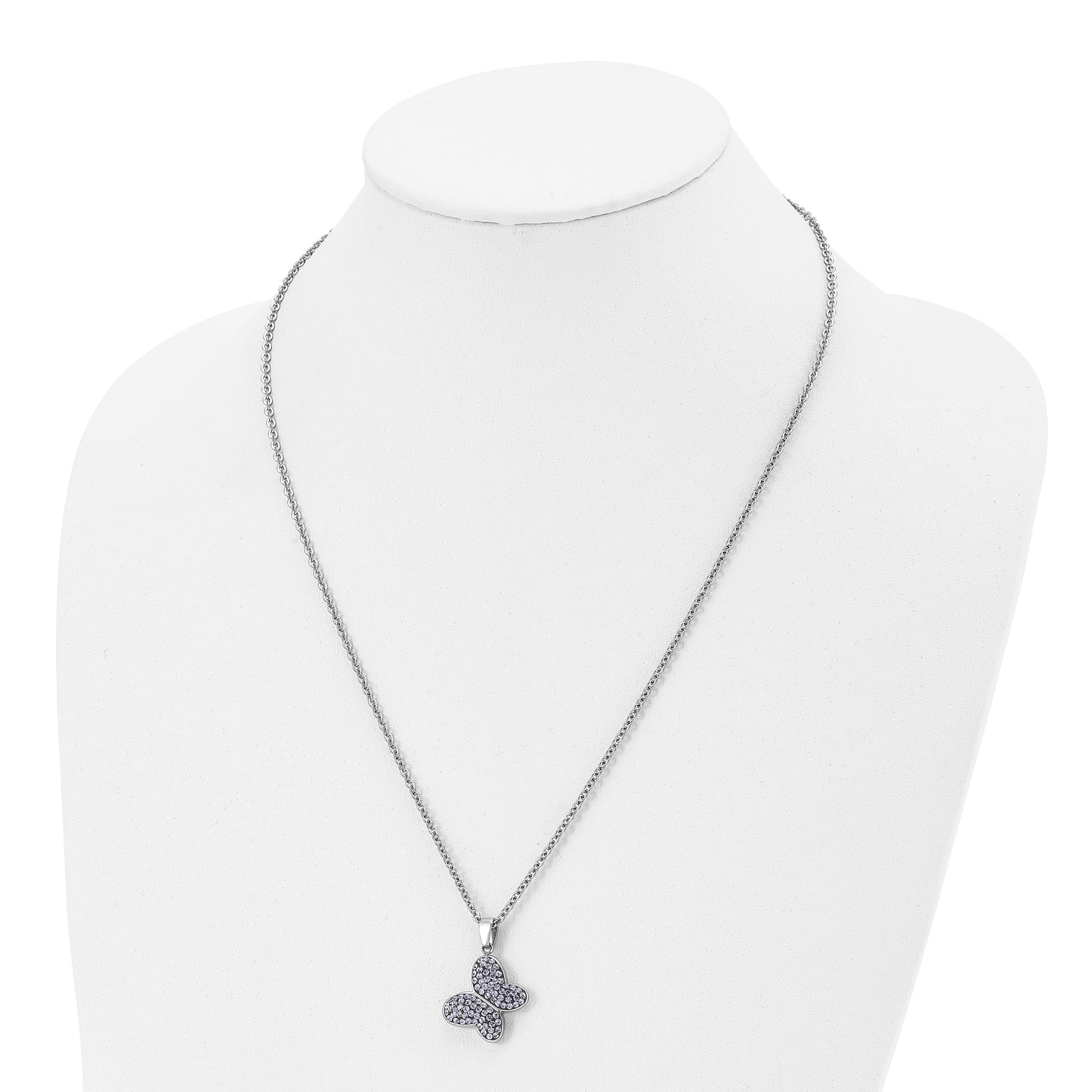 Stainless Steel Chisel Polished Purple Crystal Butterfly Pendant On A 22 Inch Cable Chain Necklace