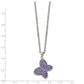 Stainless Steel Chisel Polished Purple Crystal Butterfly Pendant On A 22 Inch Cable Chain Necklace