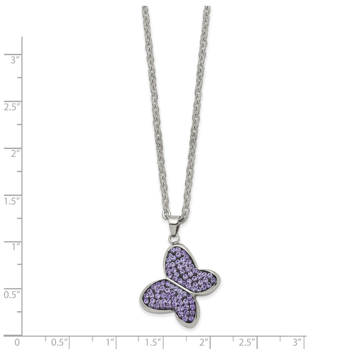 Stainless Steel Chisel Polished Purple Crystal Butterfly Pendant On A 22 Inch Cable Chain Necklace