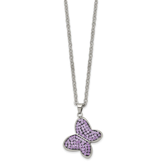 Stainless Steel Chisel Polished Purple Crystal Butterfly Pendant On A 22 Inch Cable Chain Necklace